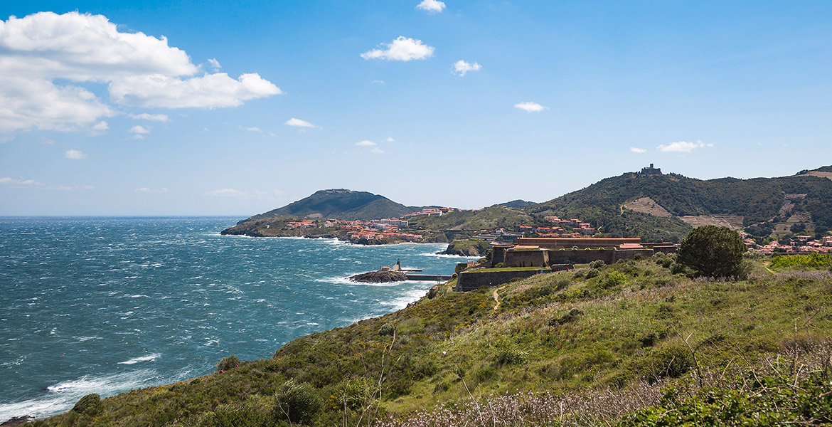 Vue panoramique de la côte rocheuse de Collioure, avec ses collines verdoyantes et la mer Méditerranée agitée.