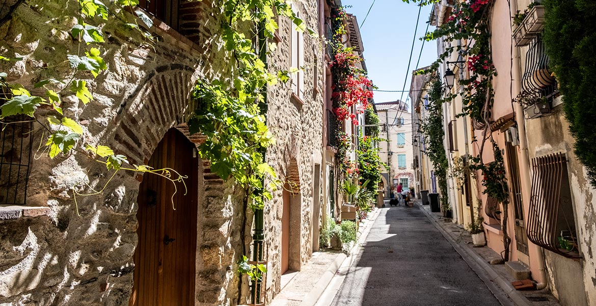 Une ruelle pittoresque de la ville d'Argeles-sur-mer avec des maisons en pierre ornées de plantes grimpantes et de fleurs colorées. La rue étroite et ensoleillée dégage un charme méditerranéen avec des volets en bois et des balcons fleuris. Quelques personnes se promènent au loin.