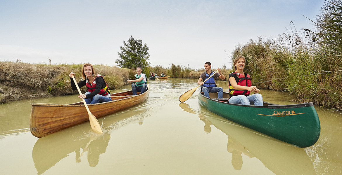 Groupe de personnes pagayant en canoë sur une rivière bordée de roseaux et d'herbes hautes, portant des gilets de sauvetage, sous un ciel partiellement couvert.