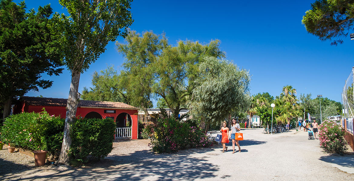 Deux femmes se promenant dans une allée bordée de végétation luxuriante dans un camping, avec des mobil-homes et des bâtiments colorés, sous un ciel bleu éclatant.