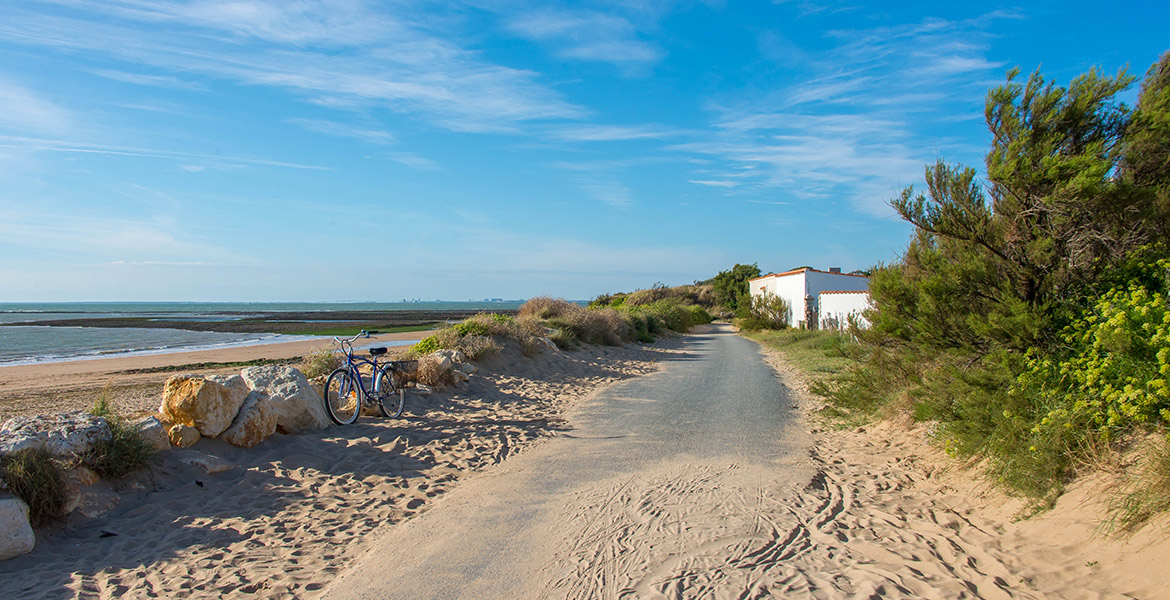 Sentier côtier à l'Île d'Aix en Charente-Maritime avec un vélo appuyé contre des rochers, menant à une plage de sable fin et bordé de végétation, sous un ciel bleu dégagé.