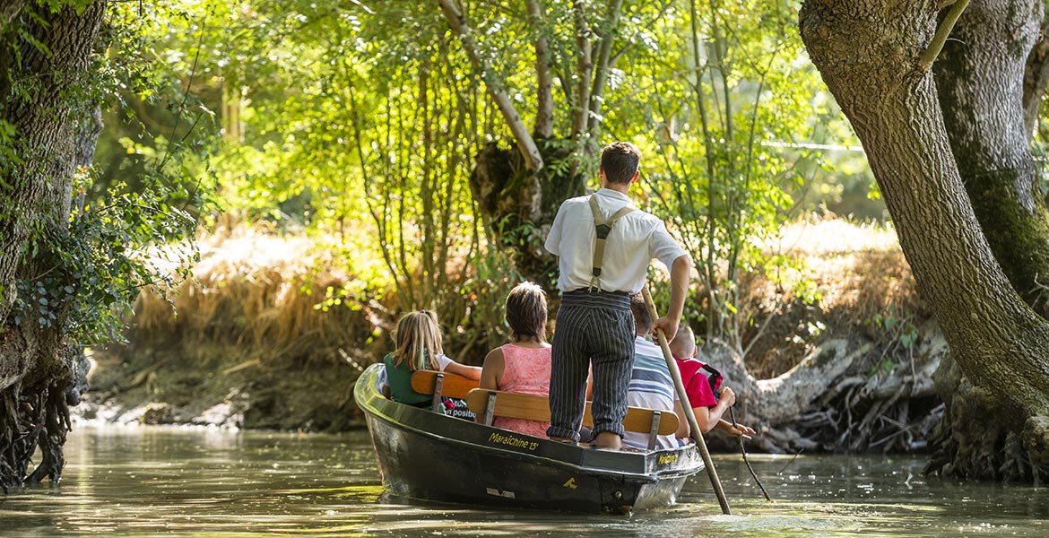 Un guide navigue une barque à travers un canal boisé dans le marais poitevin avec plusieurs passagers, profitant d'une promenade paisible en pleine nature.