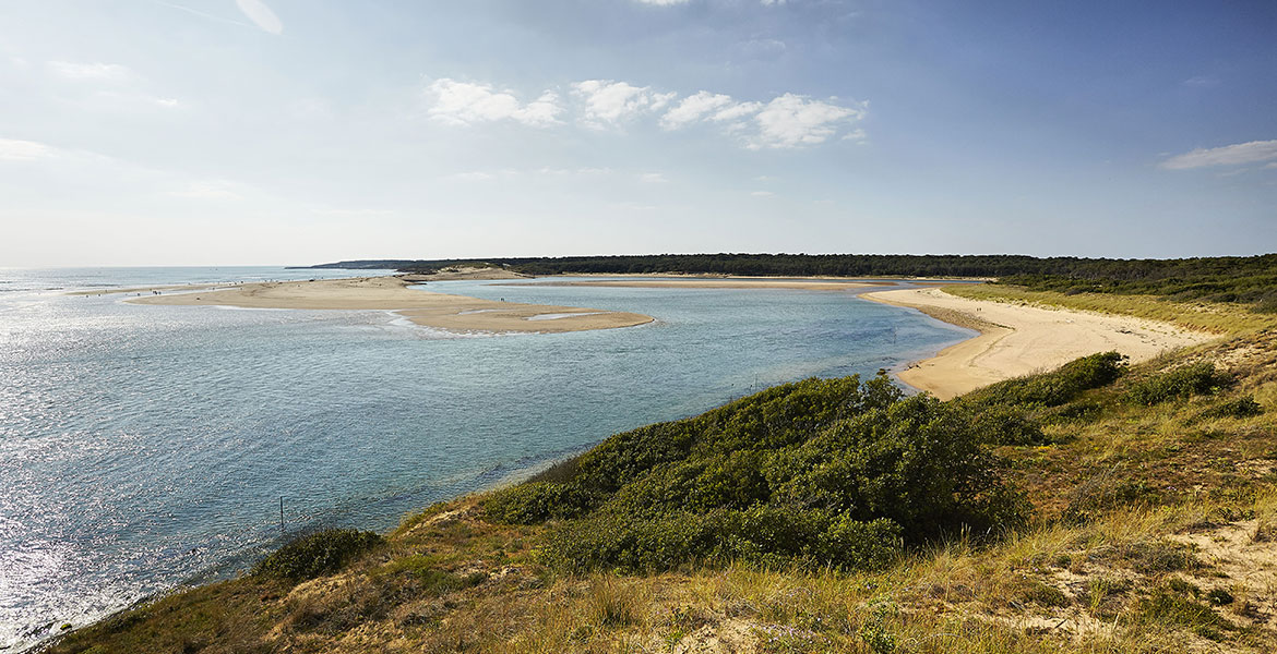 Vue panoramique d'un estuaire en Vendée se jetant dans l'océan, entouré de plages de sable et de dunes verdoyantes sous un ciel ensoleillé.