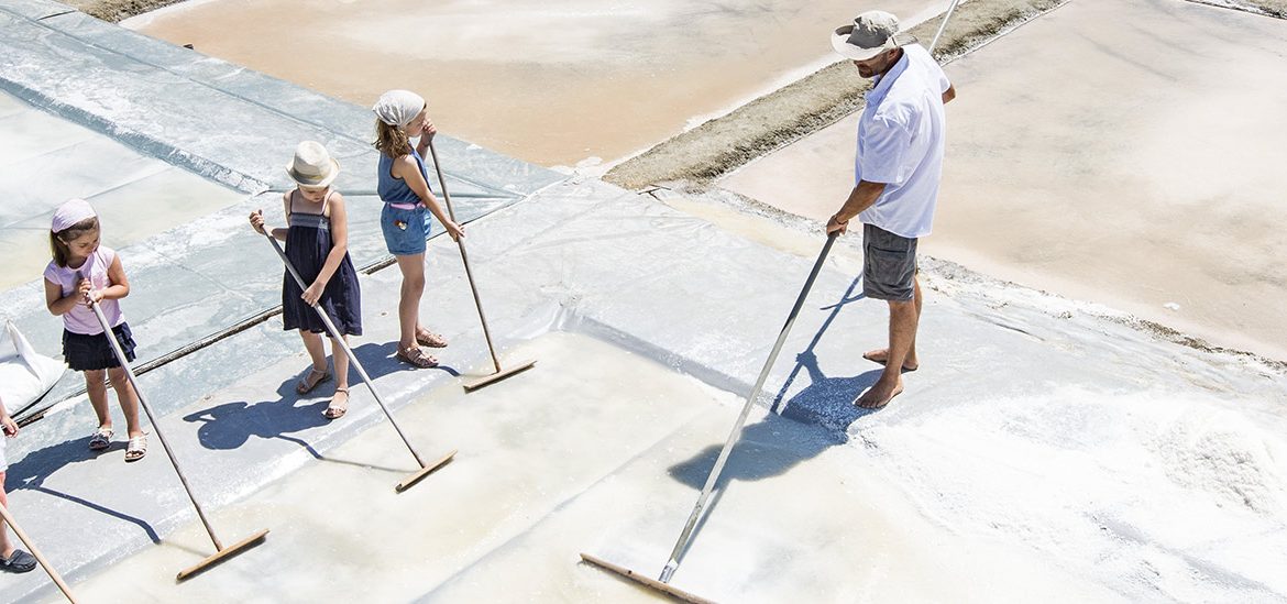 Un groupe d'enfants, guidés par un adulte, apprend à récolter le sel dans des marais salants. Ils utilisent de longs râteaux pour travailler sur les bassins salants sous un ciel ensoleillé.