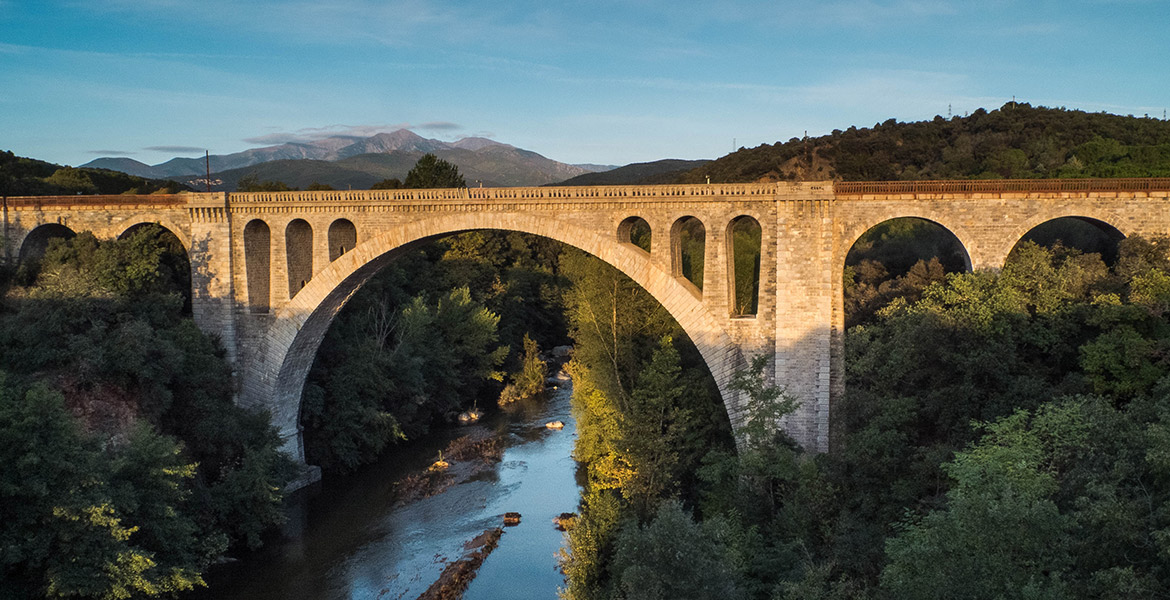 Vue du pont en pierre de Céret avec de grandes arches au-dessus d'une rivière entourée de végétation dense, avec des montagnes en arrière-plan sous un ciel bleu.