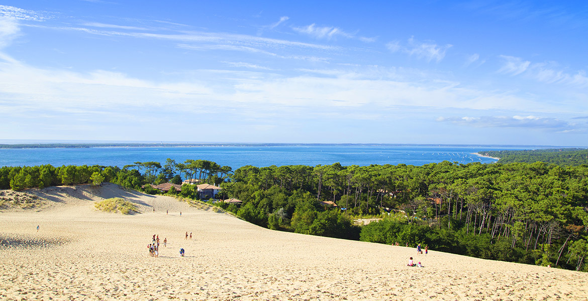 Vue panoramique de la Dune du Pilat avec des personnes marchant sur le sable, des forêts de pins en contrebas et l'océan Atlantique à l'horizon sous un ciel bleu clair.