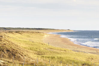 Plage de sable bordée de dunes herbeuses et de clôtures en bois, avec l'océan Atlantique et un ciel légèrement nuageux en arrière-plan.