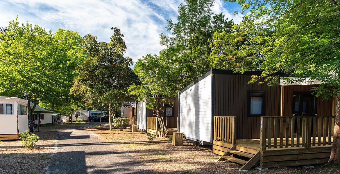 Allée et Cottages du Camping Campéole Navarrosse 4* sous un ciel ensoleillé