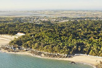 Vue aérienne d'une côte avec des plages de sable, une jetée, et une dense forêt entourant des bâtiments, avec une ville en arrière-plan.