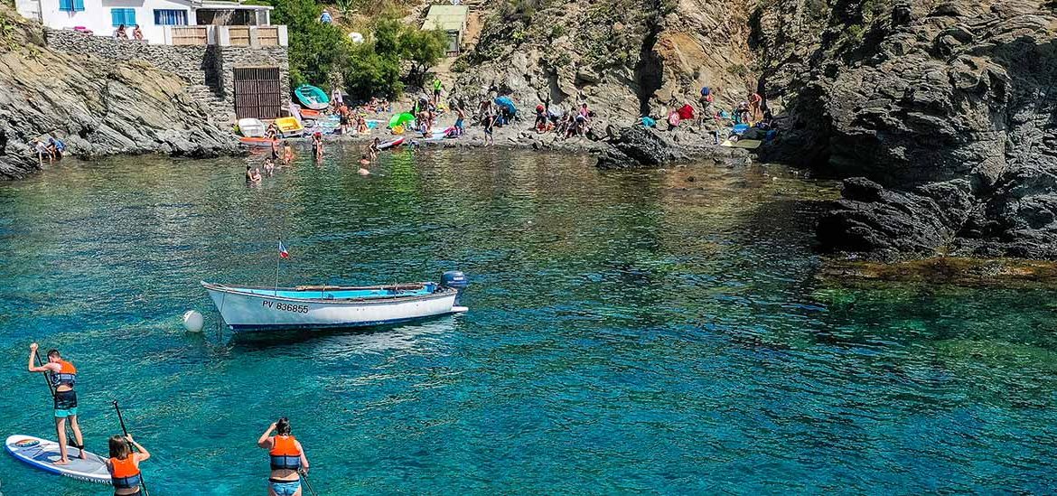 3 personnes faisant du paddle aux côtés de baigneurs, dans la mer à côté à Argelès-sur-Mer dans les Pyrénées-Orientales