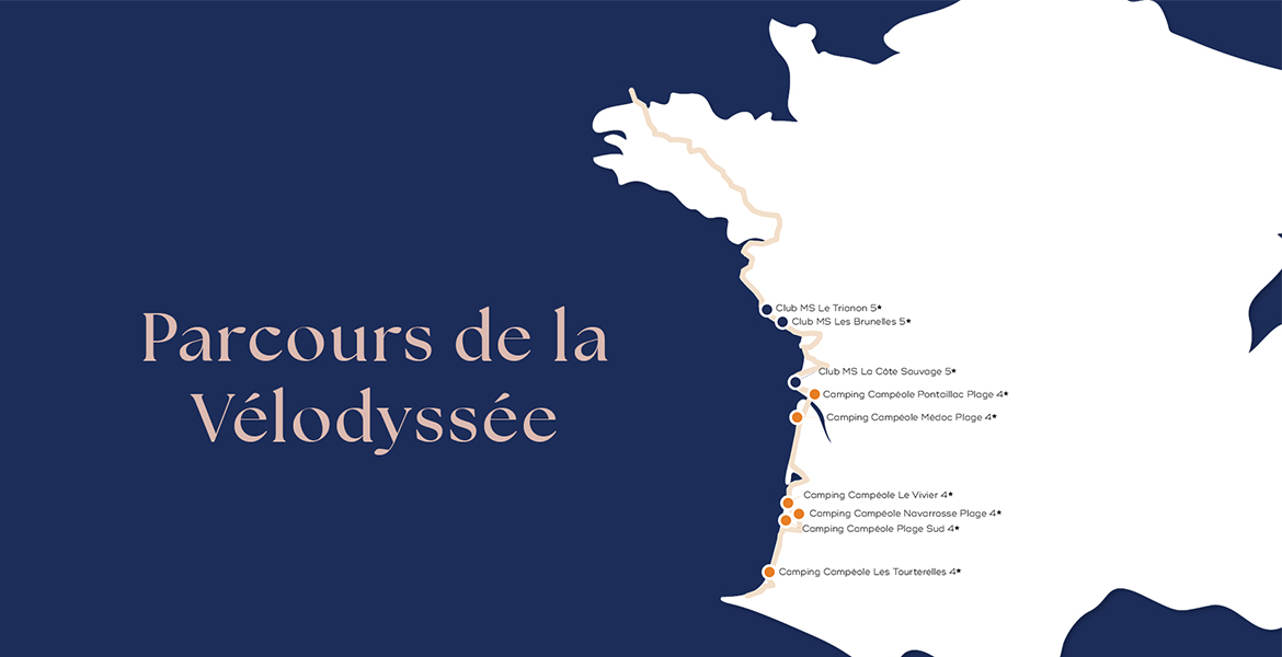 Carte représentant le parcours de la Vélodyssée et des Campings 4* et Campings Clubs 5* MS Vacances situés à proximité