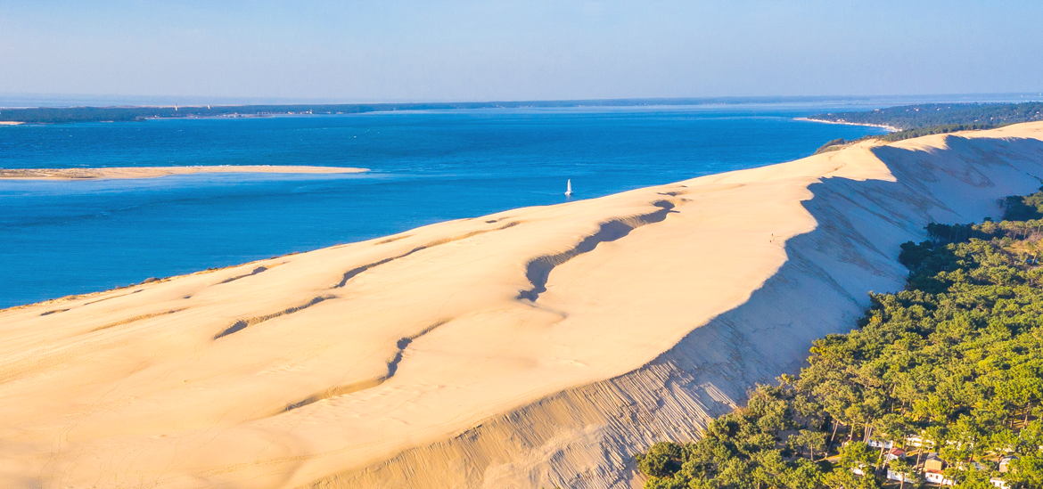 Vue aérienne sous un ciel bleu de la dune du Pilat avec l'océan Atlantique et le banc d'Arguin à gauche et la forêt à droite.